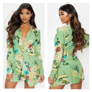 PrettyLittleThing Sage Green Printed Long Sleeve Wrap Dress 12